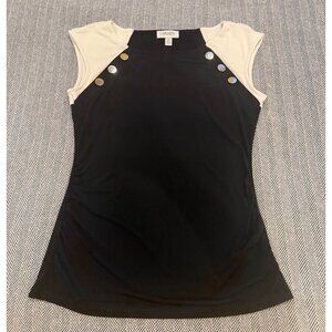 Carmen Marc Valvo Black & White Cap Sleeve Top With Gold Button Accents